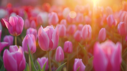 Canvas Print - Field of pink Tulips with Sunlight