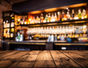 Wood table on blurry of liquor cafe bar, coffee shop, bar, background