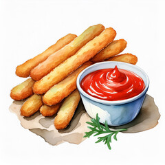 Wall Mural - Watercolor painting of mozzarella sticks and tomato sauce. Tasty fast food. Delicious meal.