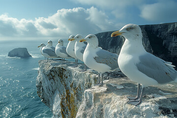 3. Seaside Sentinels: Along the rugged coastline, a flock of seagulls congregates on weather-beaten cliffs, their white plumage contrasting sharply against the deep blue hues of th