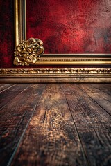 Wall Mural - Ornate gold frame with detailed scrollwork, set against a backdrop of dark mahogany wood, rich and luxurious