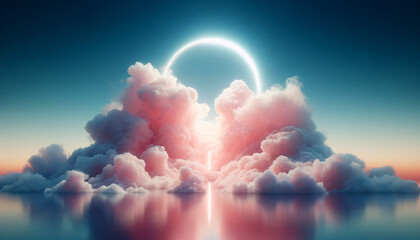 Wall Mural - An ethereal scene with fluffy, pink-hued clouds gathered in the center against a soft blue sky. A bright, white, neon circle glows in front