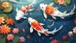 Japanese koi swimming in Asian pond with waterlily.