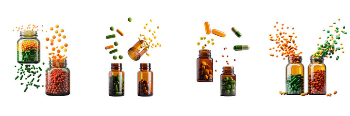 set of a 2 bottles of closed tablets flying, sharp focus green and orange colors on, transparent