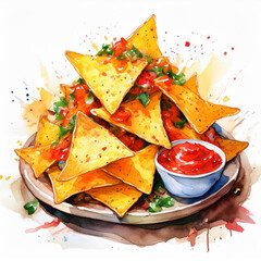 Wall Mural - Watercolor painting of nachos with spicy salsa. Tasty fast food. Delicious meal. Hand drawn art