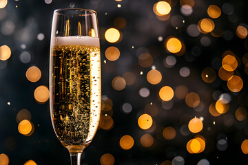 Elegant glass of champagne with bubbles, close-up with a festive bokeh of sparkling lights in the background for a celebration theme