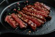 © AIGen - Meat Dish. Sliced Rare Beef Steak on Black Cast Iron Plate for Brunch Cookery