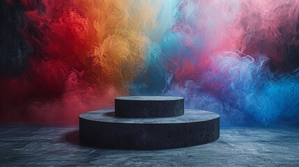 Empty round black platform podium stand for advertising on black background with rainbow steam smoke 