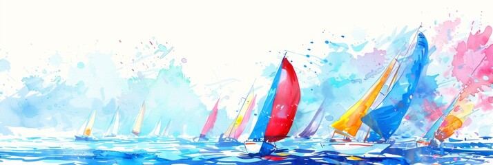 A vibrant regatta scene painted in watercolor, showcasing the lively energy of sailing races, perfect for nautical enthusiasts and art collectors.