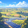 Vibrant Winery Landscape with Solar Panels and Rolling Fields for Sustainable Living