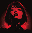 Black and red cyberpunk manga anime of an attractive Asian woman. Portrait of a beautiful Asian woman in noir style. Girl with bob hairstyle. AI generated