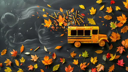 Autumn leaves on chalkboard with school bus drawing