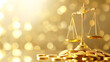 Golden scales of justice on bokeh background with scattered coins. Symbol of law, balance and wealth