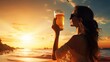 woman drinking beer at sunset