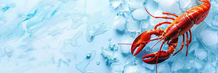 Wall Mural - horizontal banner for fish market, fresh seafood, big red lobster lying on crushed ice, ice cubes, food preservation, blue background, copy space, free space for text