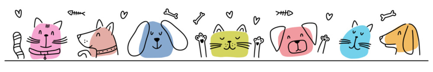  Vector horizontal collection of cats and dogs' faces, hand-drawn in the style of doodles