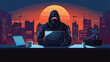 Male thief or hacker wearing black clothes sitting