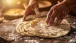 Hands preparing fresh dough for flatbread on wooden table Cinco De Mayo