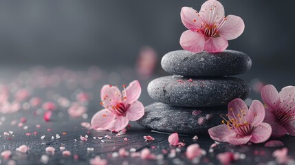 Poster -   A stack of rocks topped with pink flowers, petals strewn around below