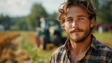 Rural Life: Farmers Working In Fields With Tractor In Background