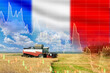 Agricultural business in France. Combine mows wheat on field. France flag. Graph falling income from grain sales. Crisis in agricultural industry. Fields with grain in France. Agriculture recession