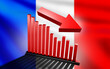 Recession in France. Falling chart. Economic crisis. Diagram symbolizes recession. National flag France. Economic problems of France. Financial collapse. Chart shows recession approaching. 3d image