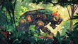 Capture the essence of robotic wildlife in a lush, impressionistic jungle, each mechanical creature painted with swirling colors amidst dappled sunlight and foliage