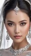 Incredible sculptural beauty chinese bride in white wedding dress with white viel, Beautiful chinese woman in bridal dress