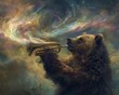 Capture the immense power and grace of a Kodiak bear in a surreal, ethereal landscape, joyously playing a trumpet as vibrant notes swirl around, creating a magical atmosphere