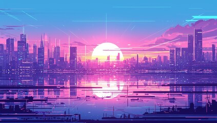 Poster - illustration of a purple sun setting over the city, with simple shapes