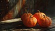Three pumpkins on wooden table with wooden backdrop