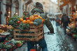 man delivering fruits and vegetables, food oranges, pineapples, tomatoes, carrot, broccoli by bicycle in rainy weather
