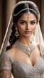 Incredible sculptural beauty indian bride in white wedding dress with white Hijab, Beautiful indian woman in Sari dress