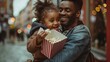 father walks with his little daughter in his arms, the girl holds a box of popcorn in her hands and hands one popcorn into her dad’s mouth