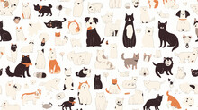 Monochrome Seamless Pattern With Domestic Animals A