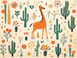 Friendly giraffes, cacti mix, seamless graphic, flat design, solid color ,  pattern vectors and illustration