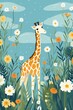 Giraffe garden, whimsical repeat, flat style, solid color background ,  childlike drawing