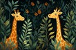Jungle giraffes, indoor plants, playful vector pattern, flat, solid bg ,  seamless pattern