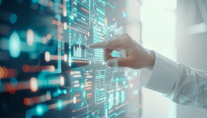 Closeup of businessperson using futuristic interface, hightech digital screen with financial data analysis, isolated on a white background