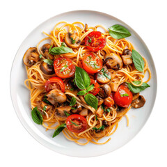 Wall Mural - Delicious Plate of Vegetarian Spaghetti with Mushrooms and Tomatoes Isolated on a Transparent Background 