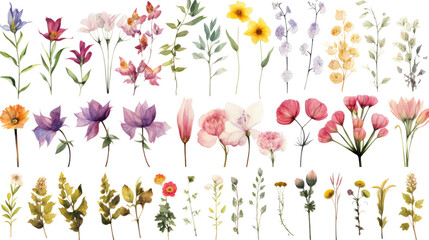 Wall Mural - set of watercolor wildflowers painting isolated on clear png background and transparent background. 
