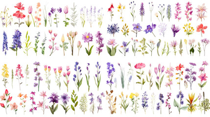 Wall Mural - set of watercolor wildflowers painting isolated on clear png background and transparent background. 