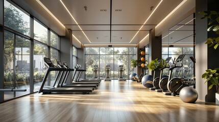 Poster - Sleek fitness center with reflective flooring and ambient lighting. Health and workout emphasis
