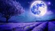   Full moon illuminating lavender field, tree in foreground, bird flying above