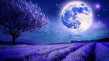 Fototapeta Lawenda -   Full moon illuminating lavender field, tree in foreground, bird flying above
