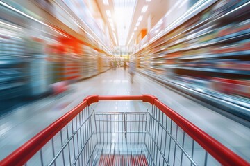 A shopping cart races down supermarket aisles, the shelves blurring past in a dynamic display of speed and consumerism.