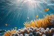 Bright sunrays illuminate tropical fish flitting through a colorful coral reef in clear ocean waters.