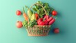 Healthy eating concept with fruits and vegetables in a shopping basket on vibrant background.