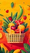 Fresh, organic vegetables and fruits in the basket on vibrant background
