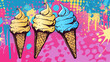 Wow pop art Ice cream. Colorful background in pop art retro comic style. Summer concept pop art
